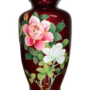 Vtg Japanese Ginbari Cloisonné Ando Sato Pigeon Blood Red Floral Roses Vase 7.5”